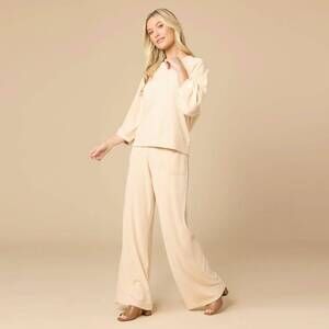 NEW SOFTIES terry cropped sleeve crew neck with wide leg pant in warm sand